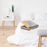 Laptop Pad COMFILAP III in brown and grey with tablet on a bed by hjh OFFICE