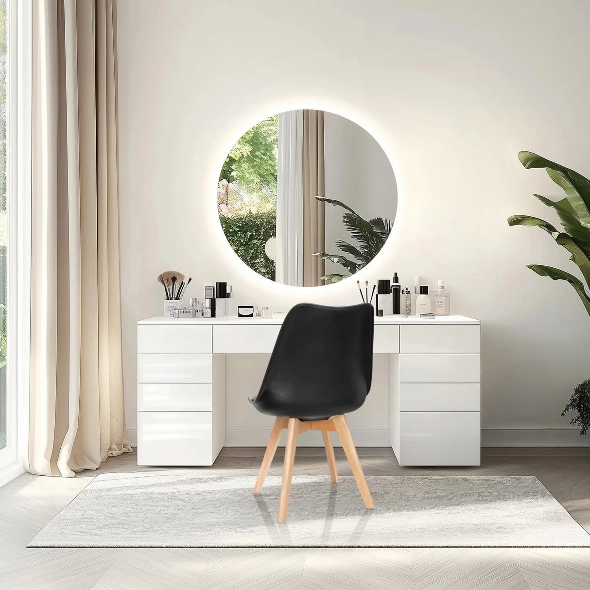 Shell chair SCANDI 4 in black with four light wooden legs in front of a dressing table by hjh OFFICE