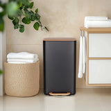 Black wastepaper bin CLEAN NATURA with walnut wood lid and handle rail by hjh OFFICE