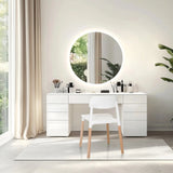 White four-legged chair SCANDI E with light wood legs in front of a dressing table by hjh LIVING