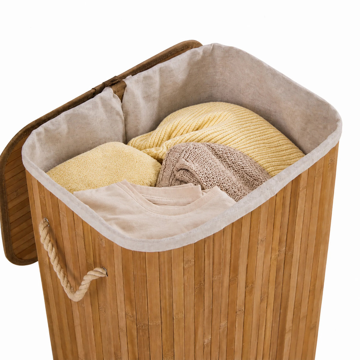 Open Falster 72 laundry basket made of brown bamboo with a light-coloured fabric liner and rope handles by hjh LIVING