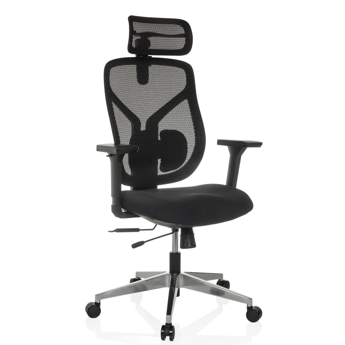 Black High End Office Chair CASSILIS B with mesh back and five-caster base by hjh OFFICE – 360-degree view (front three-quarter view 30°)