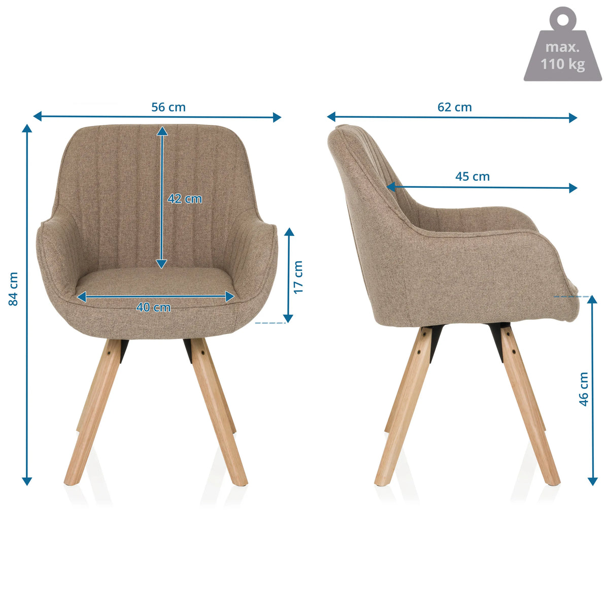 Dimensional drawing of the Upholstered chair SCANDI SOFT with a height of 84 cm and width of 56 cm by hjh LIVING