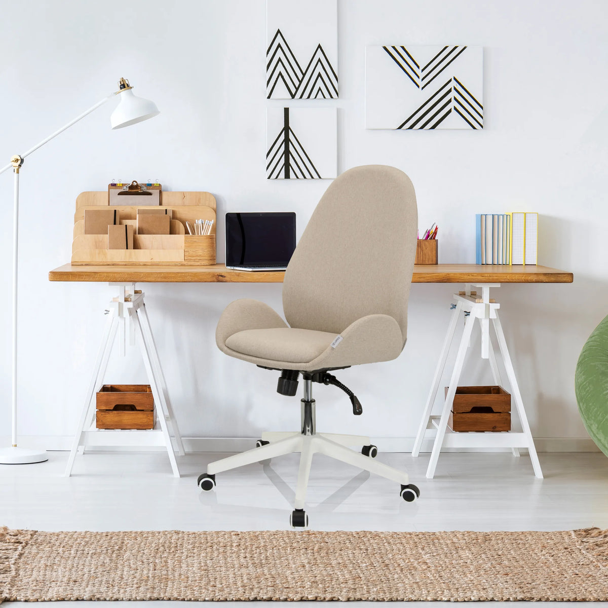 Beige Home Office Chair AVEA I with five casters and a curved backrest by hjh OFFICE