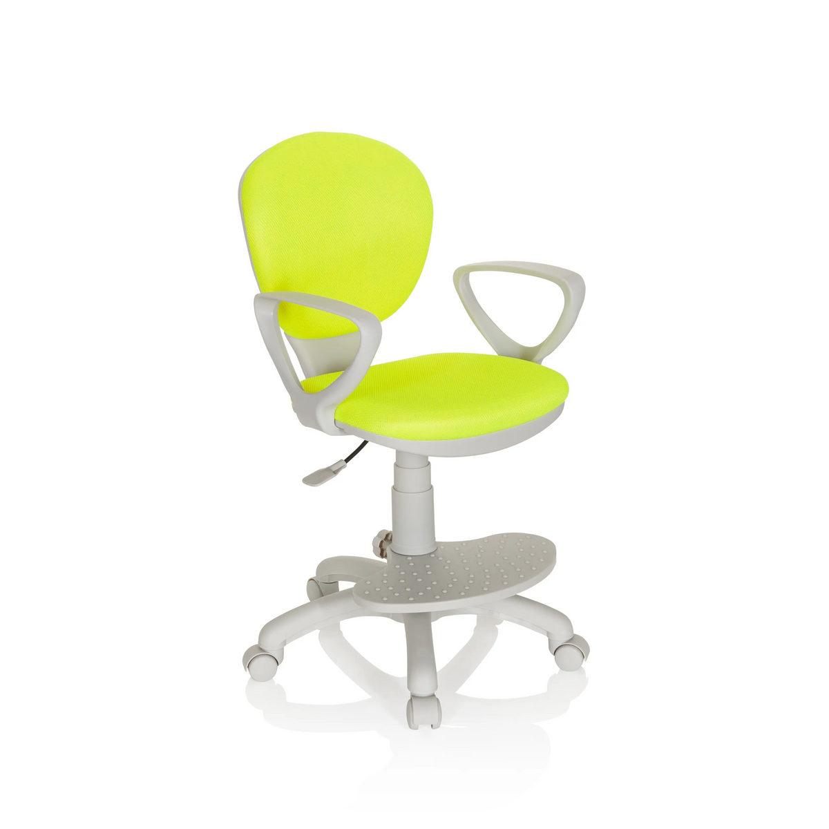 Green Swivel Chair – Children KID COLOUR G1 with grey armrests and five-caster base by hjh OFFICE – 360-degree view (front three-quarter view 40°)
