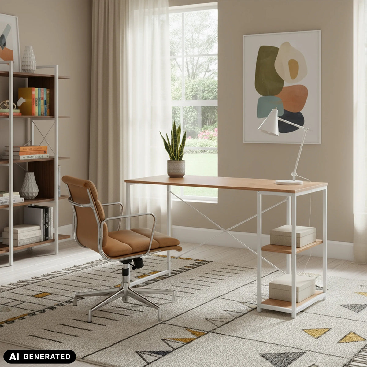 Easy Up2 office desk in white and oak with integrated shelving by hjh LIVING (AI-generated image)