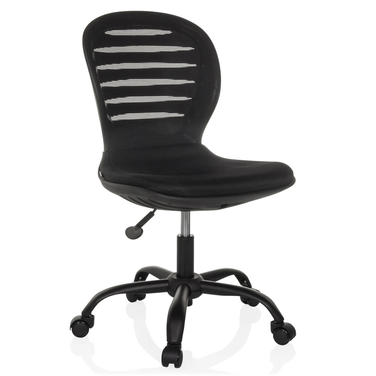 Black Home Office Chair CASLA with mesh back and five-caster base by hjh OFFICE – 360-degree view (front three-quarter view 30°)