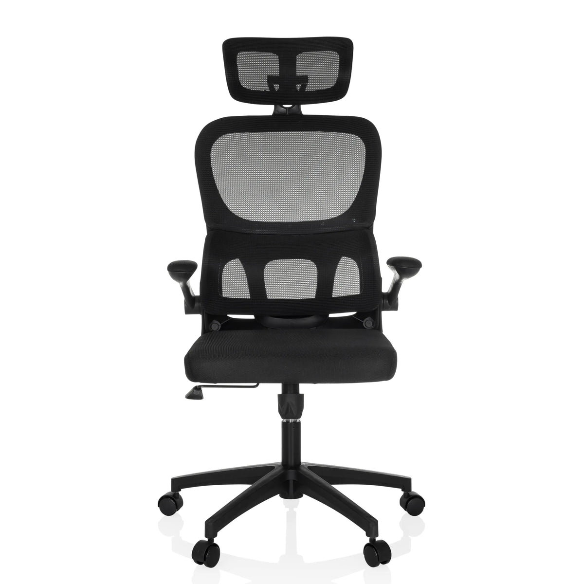 Black Home Office Chair ERGOMY FLEX with mesh back, headrest and five-caster base by MyBuero – 360-degree view (front view 0°)