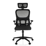 Black Home Office Chair ERGOMY FLEX with mesh back, headrest and five-caster base by MyBuero – 360-degree view (front view 0°)