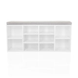 White ESTHA 10 shoe cabinet with grey seat padding and open storage compartments by hjh LIVING