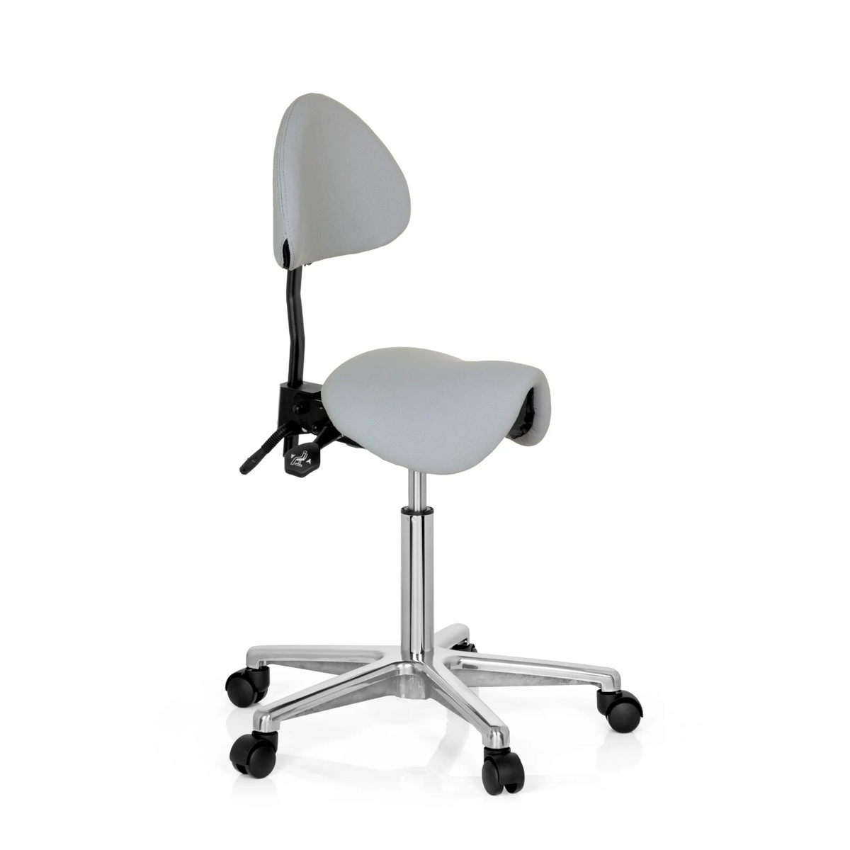 Grey Saddle stool TOP WORK 20 with backrest and five-caster base by hjh OFFICE – 360-degree view (front three-quarter view 60°)