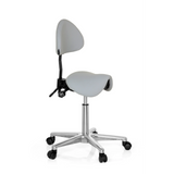 Grey Saddle stool TOP WORK 20 with backrest and five-caster base by hjh OFFICE – 360-degree view (front three-quarter view 60°)
