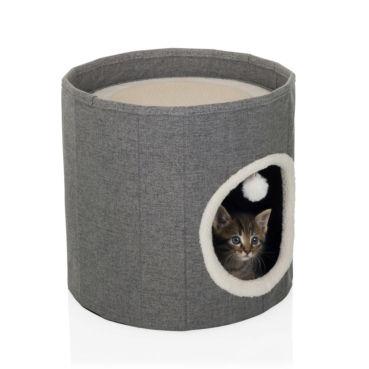 Grey Cat cave PAWY R with white faux fur trim at the entrance and a small play ball by hjh LIVING