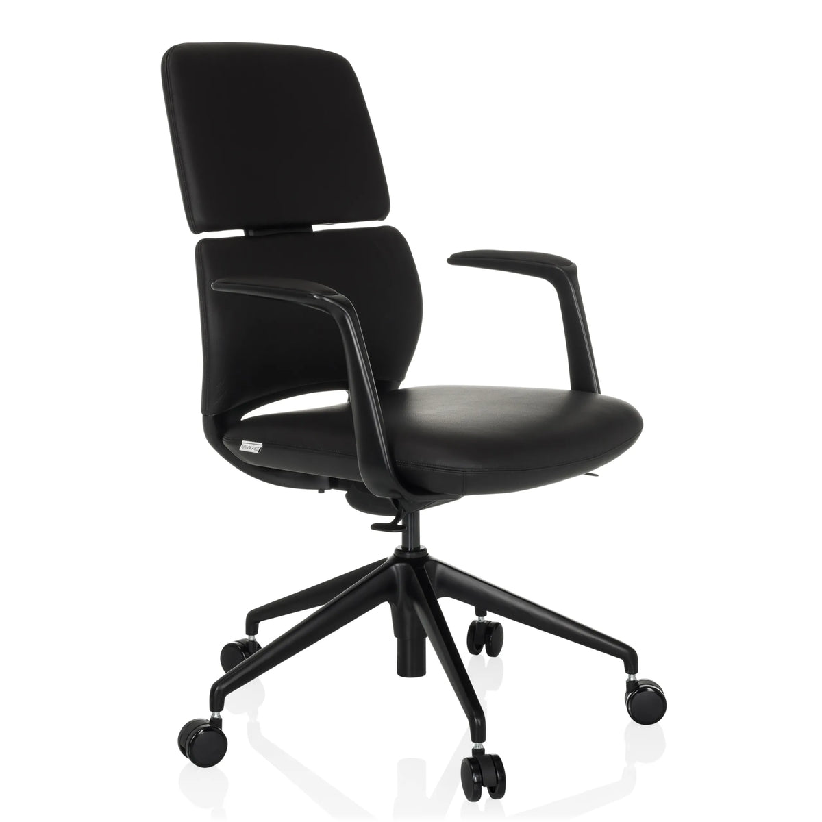 Black Professional Office Chair ATMOS DESIGNER with armrests and five-caster base by hjh OFFICE – 360-degree view (front three-quarter view 45°)