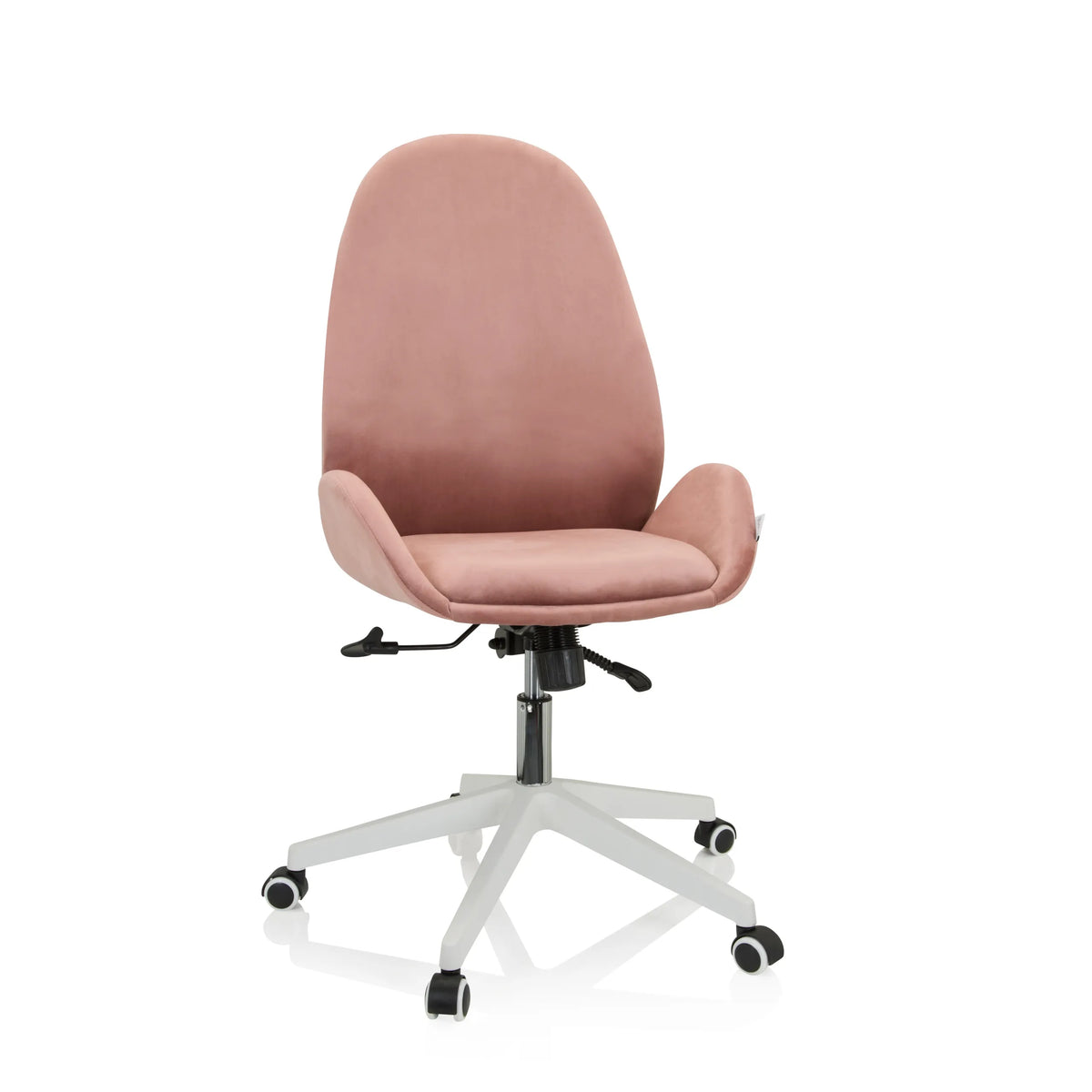 Pink Home Office Chair AVEA with armrests and white five-caster base by hjh OFFICE – 360-degree view (front view 20°)
