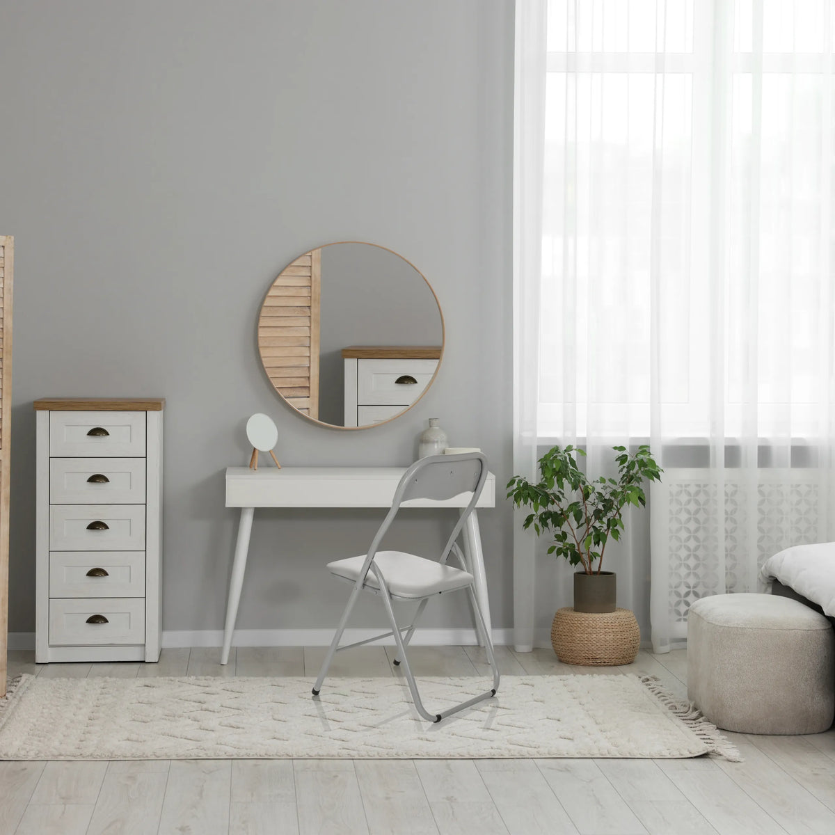Grey PVC folding chair TUDELA BASIC in a bright room with a white dressing table by hjh OFFICE