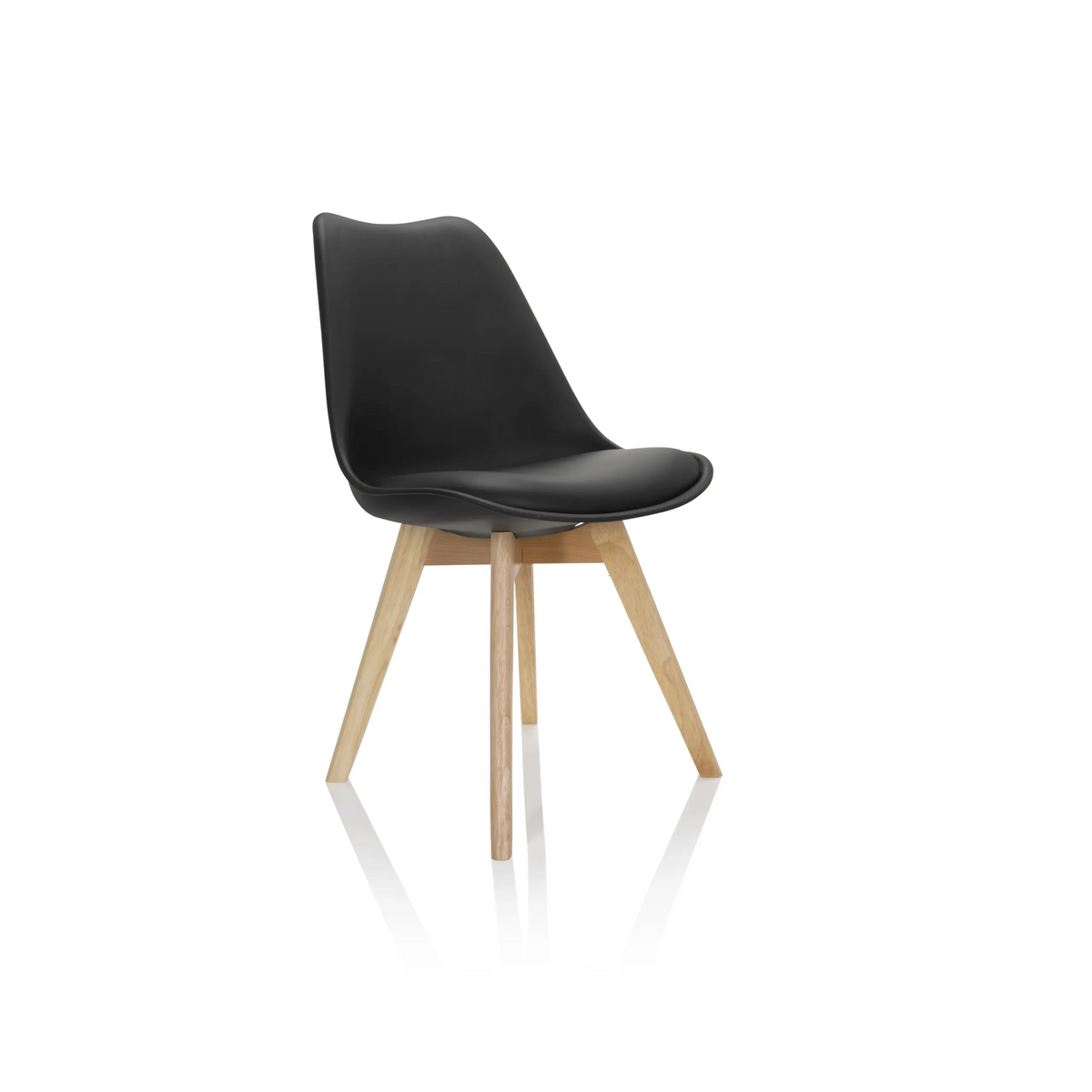 Black Shell chair SCANDI 4 with four light wood legs by hjh OFFICE – 360-degree view (front three-quarter view 40°)