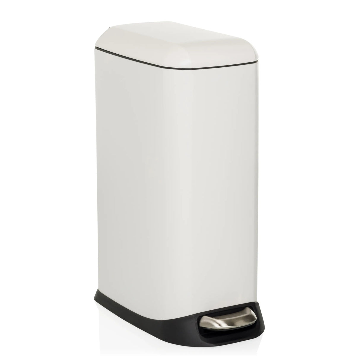 White CLEAN SLIM wastepaper bin with foot pedal and rounded lid by hjh OFFICE – 360-degree view (front three-quarter view 30°)