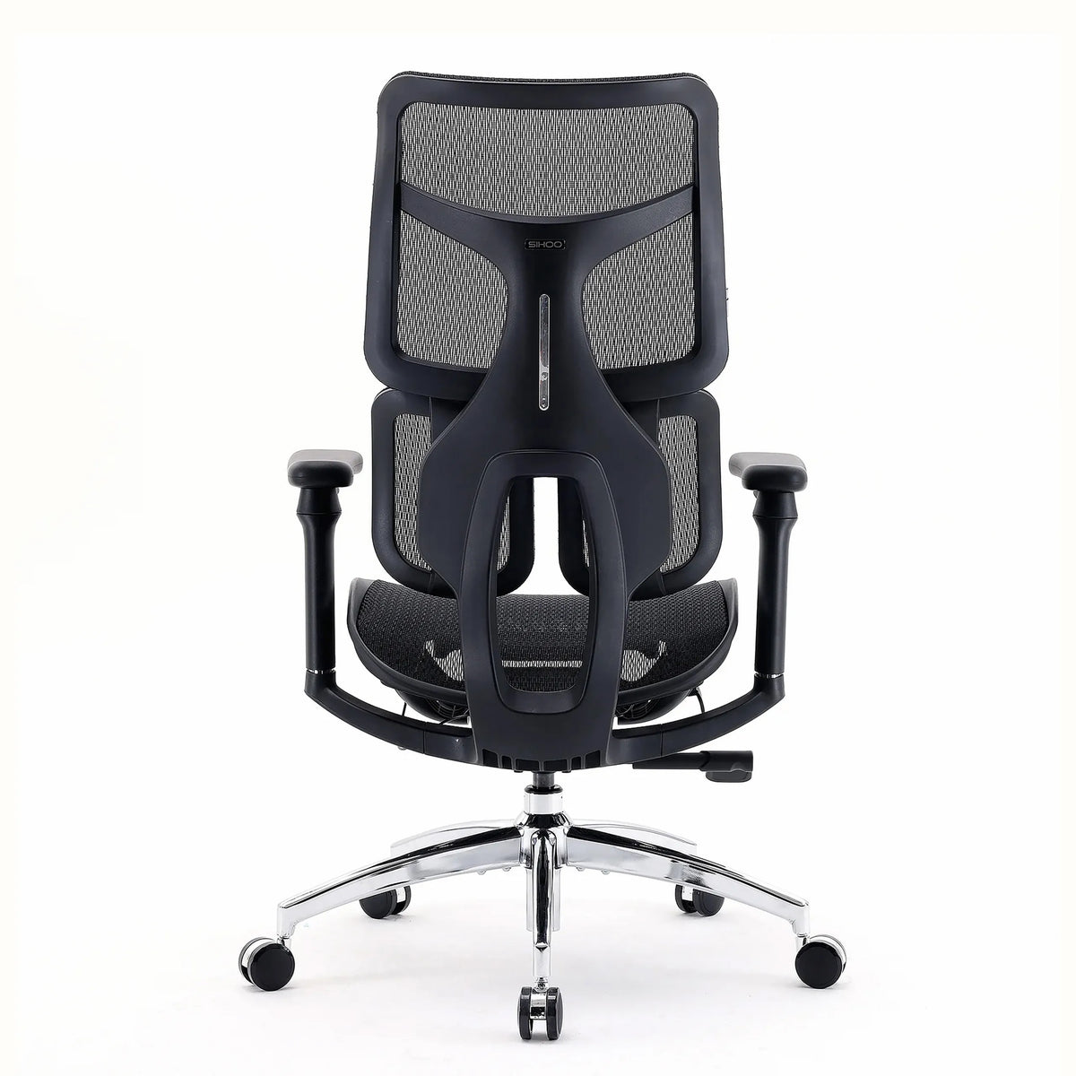 Rear view of the Professional Office Chair S100-M301 in black with mesh back and chrome base by Sihoo