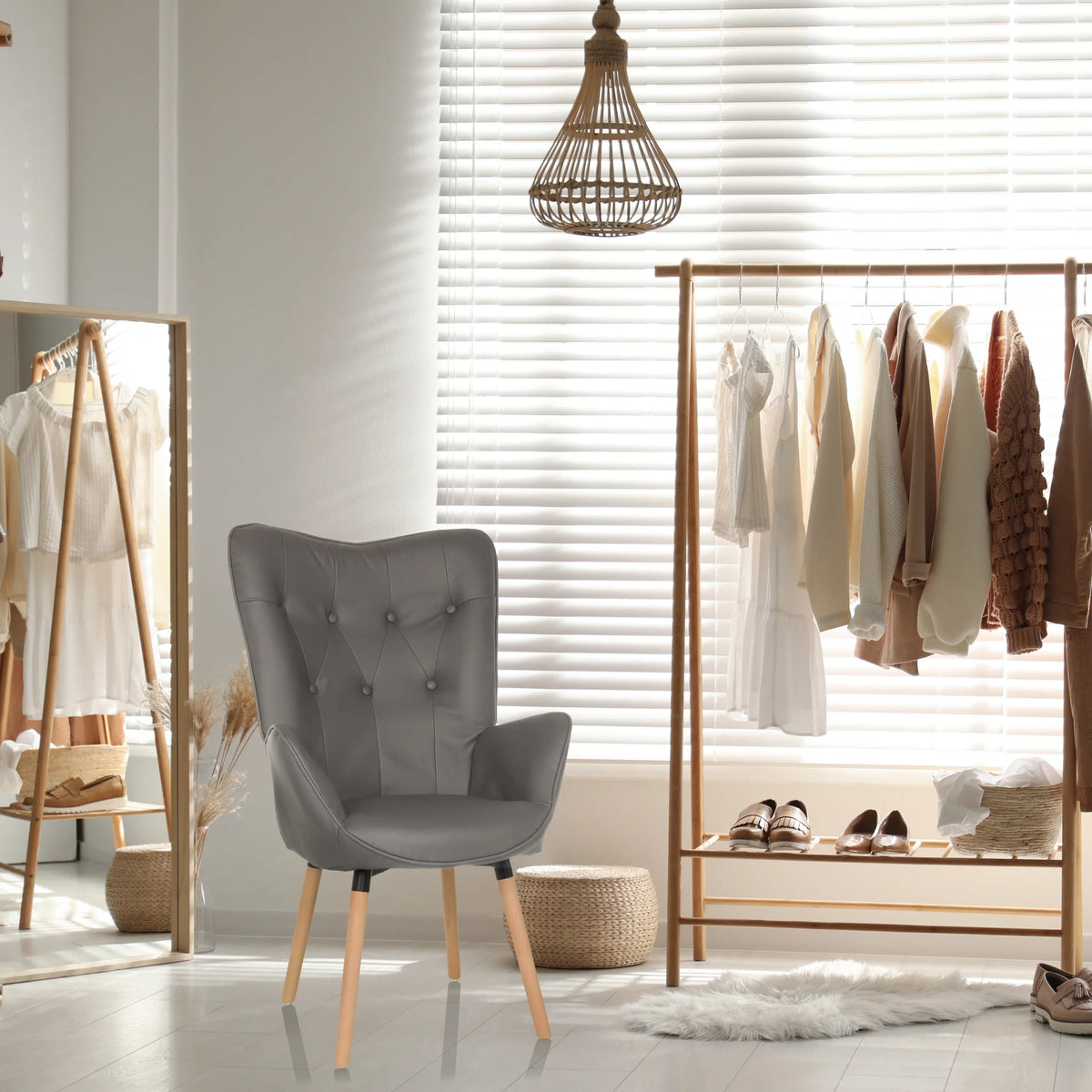 Grey upholstered armchair HAVENIO I with button tufting, armrests and four light wood legs by hjh LIVING