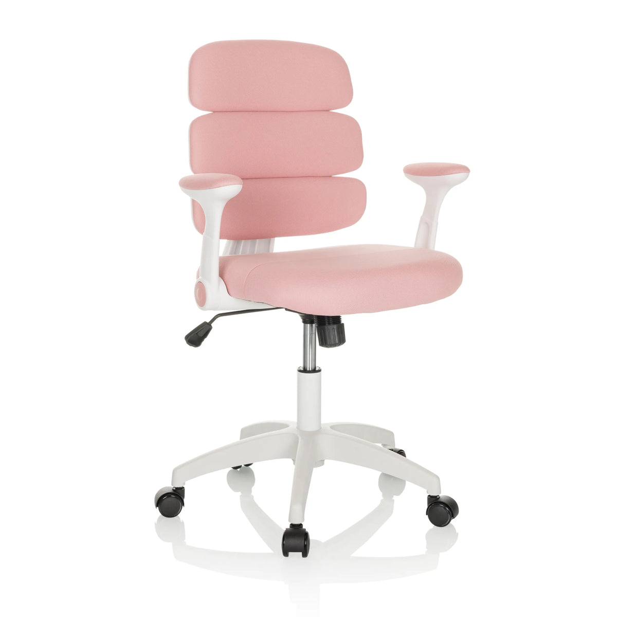 Pink Swivel Chair – Children KID ERGOLINO W with segmented backrest and white five-caster base by hjh OFFICE – 360-degree view (front three-quarter view 30°)