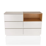 White Sideboard MELMO S with oak accent and five drawers by hjh LIVING – 360-degree view (front view 0°)