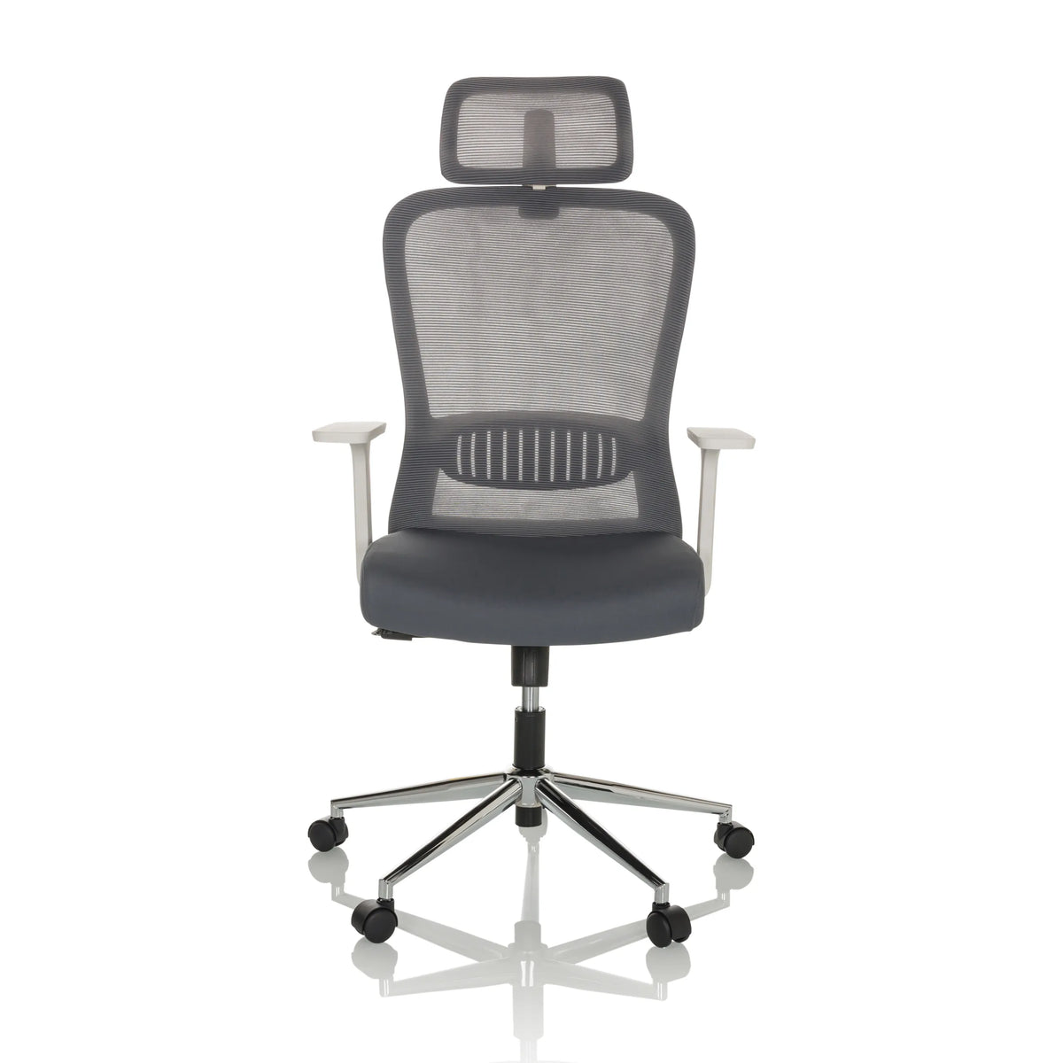 Grey Home Office Chair BELAIA W with mesh back, headrest and five-caster base by hjh OFFICE – 360-degree view (front view 0°)