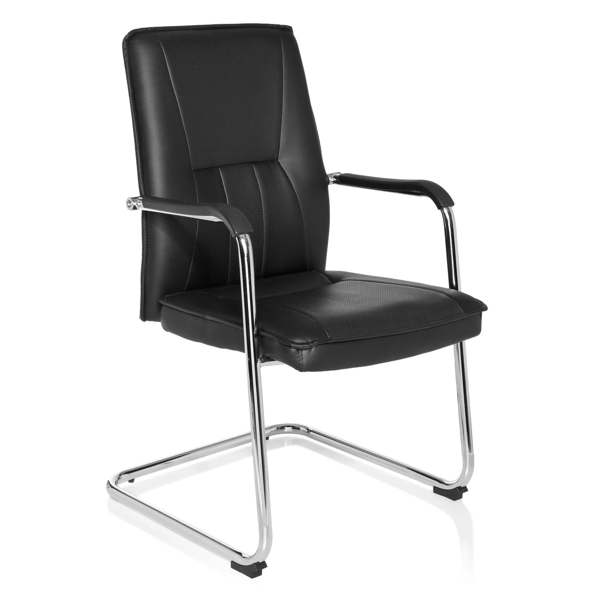 Black cantilever chair TILA with armrests and chrome frame by hjh OFFICE – 360-degree view (front three-quarter view 40°)