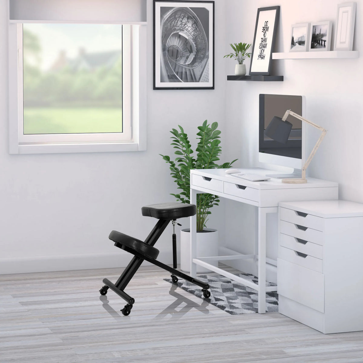 Black ORTHONI kneeling chair with castors in a bright office in front of a white desk by hjh OFFICE