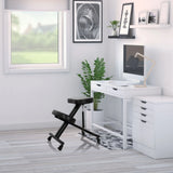 Black ORTHONI kneeling chair with castors in a bright office in front of a white desk by hjh OFFICE