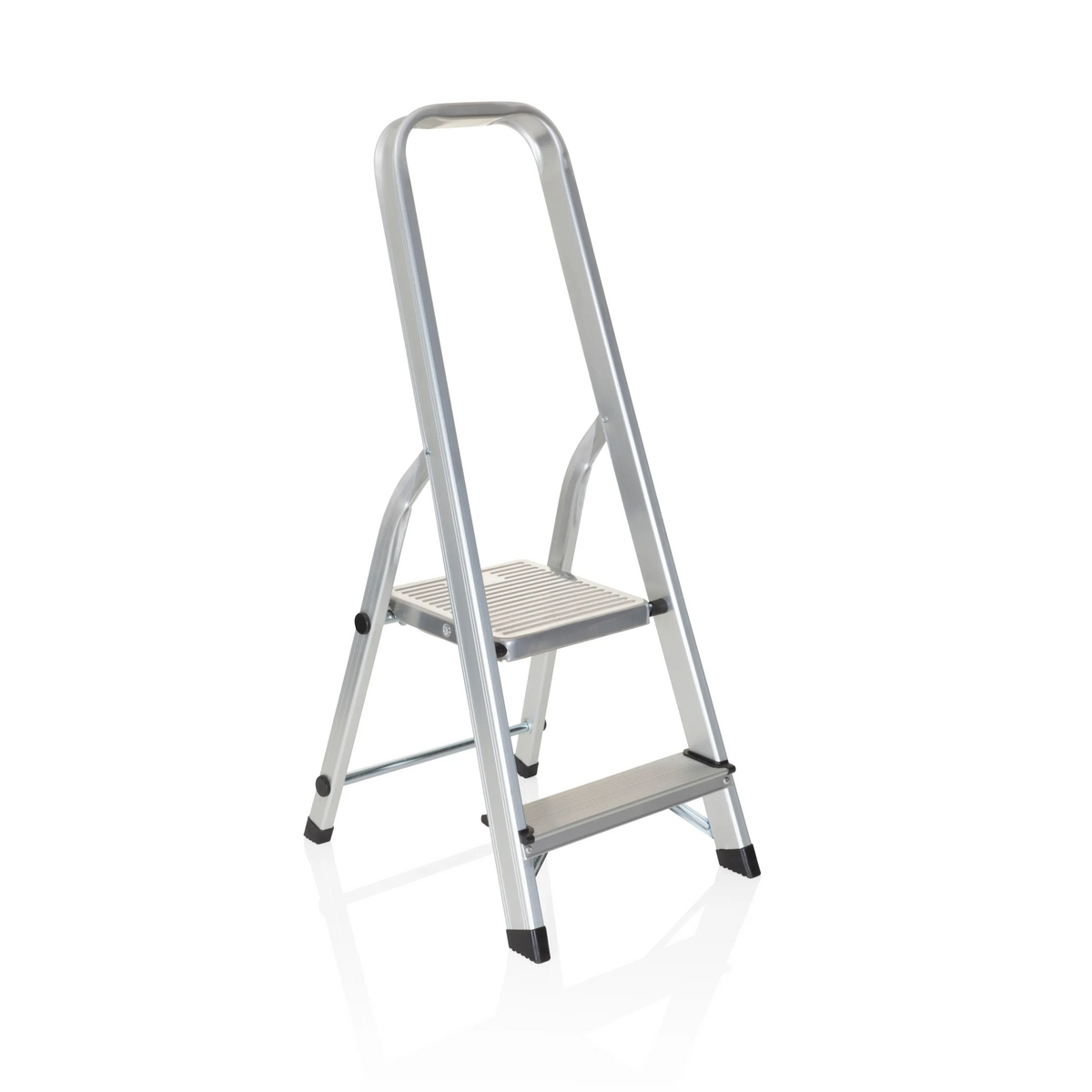 Silver aluminium Folding Ladder SOLID I with two steps and handle by hjh OFFICE – 360-degree view (front three-quarter view 40°)