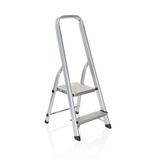 Silver aluminium Folding Ladder SOLID I with two steps and handle by hjh OFFICE – 360-degree view (front three-quarter view 40°)