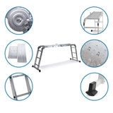 Aluminium folding ladder SOLID W3 with detailed views of the joints, non-slip steps and feet by hjh OFFICE
