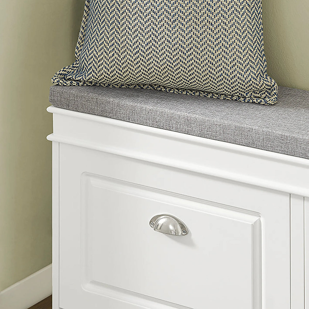 White drawer with silver-coloured handle and grey seat of the Shoe Cabinet ESTHA I by hjh LIVING