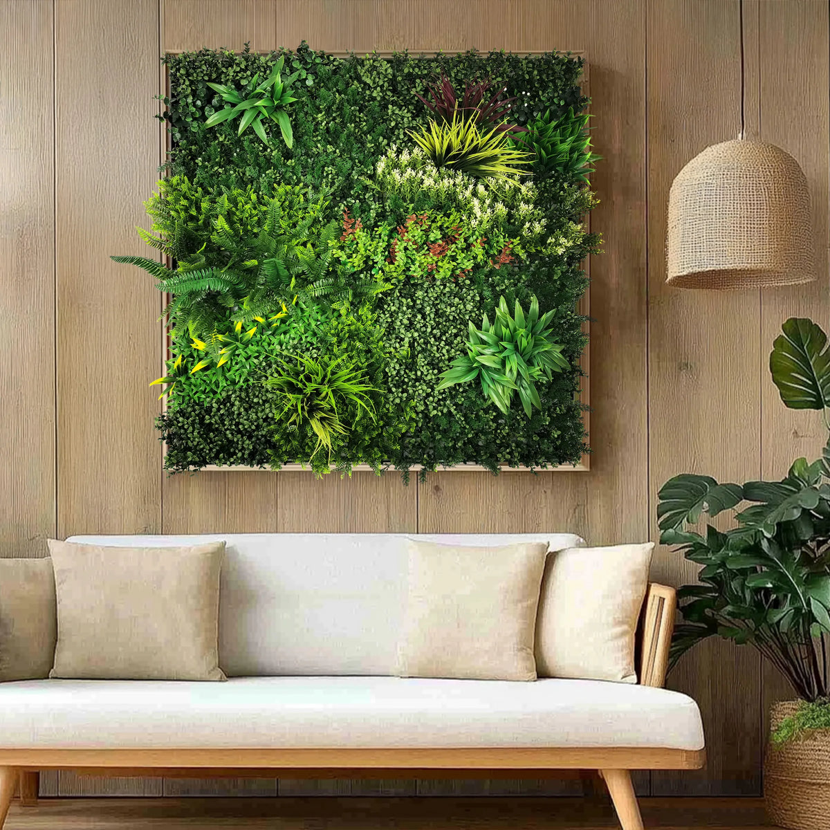 Green Plant mat LEAFLUXE 3D with various artificial plants in a wooden frame by hjh LIVING