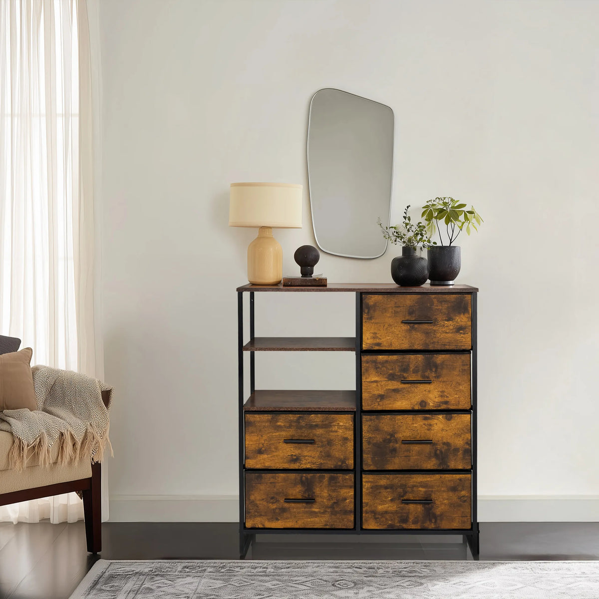 Chest of drawers RAGALA in smoked oak with six drawers and open storage compartments by hjh LIVING