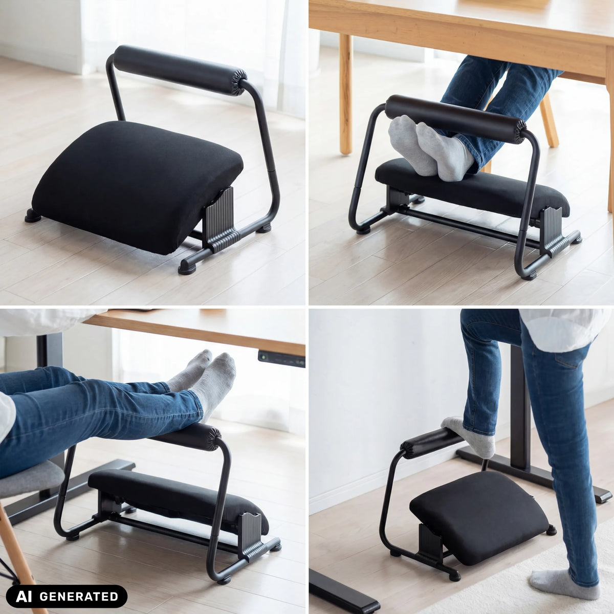 Adjustable Podi Velvet footrest in black in various positions by hjh OFFICE (AI-generated image)