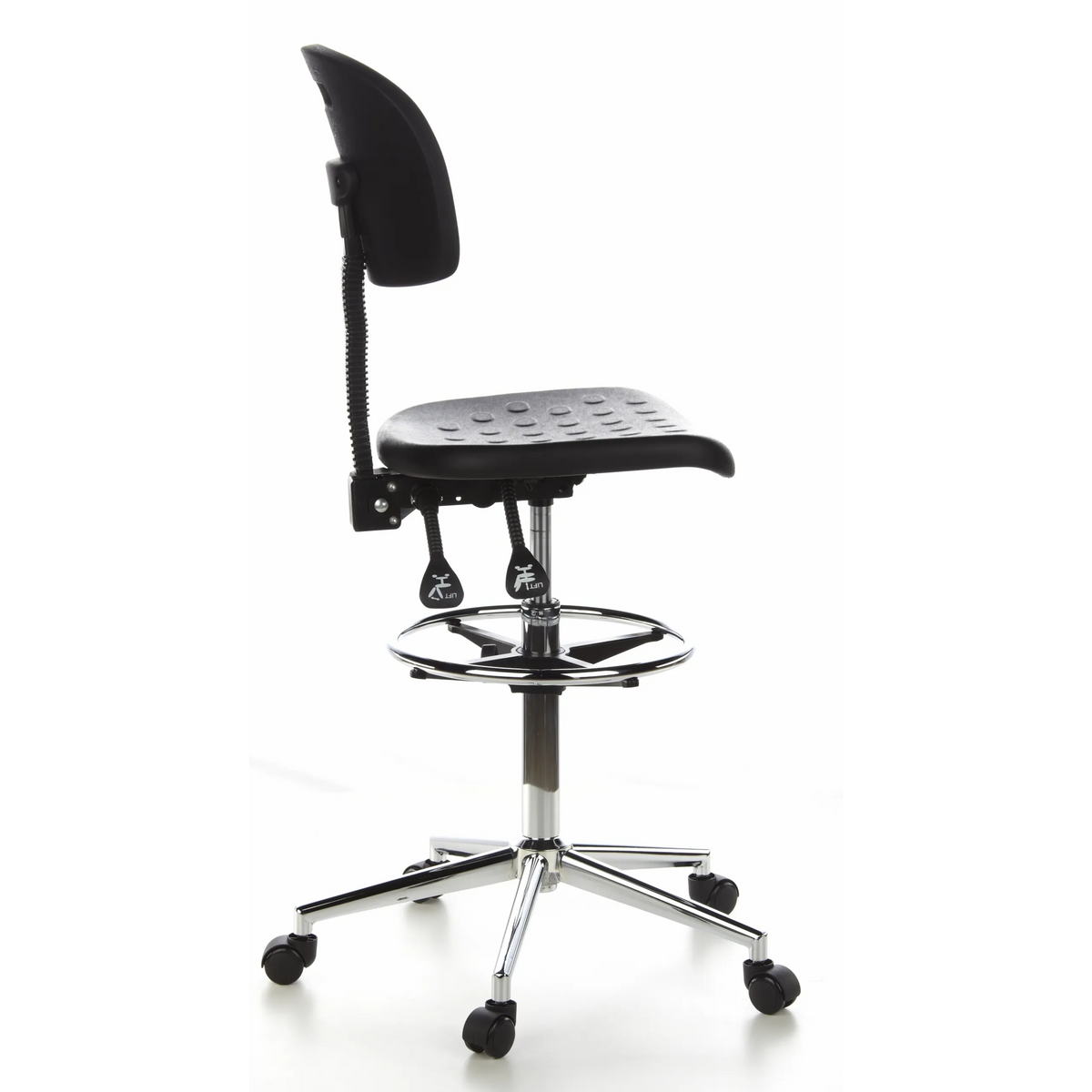 Black Counter chair TOP WORK 23 with foot ring and five-caster base by hjh OFFICE – 360-degree view (side profile 100°)
