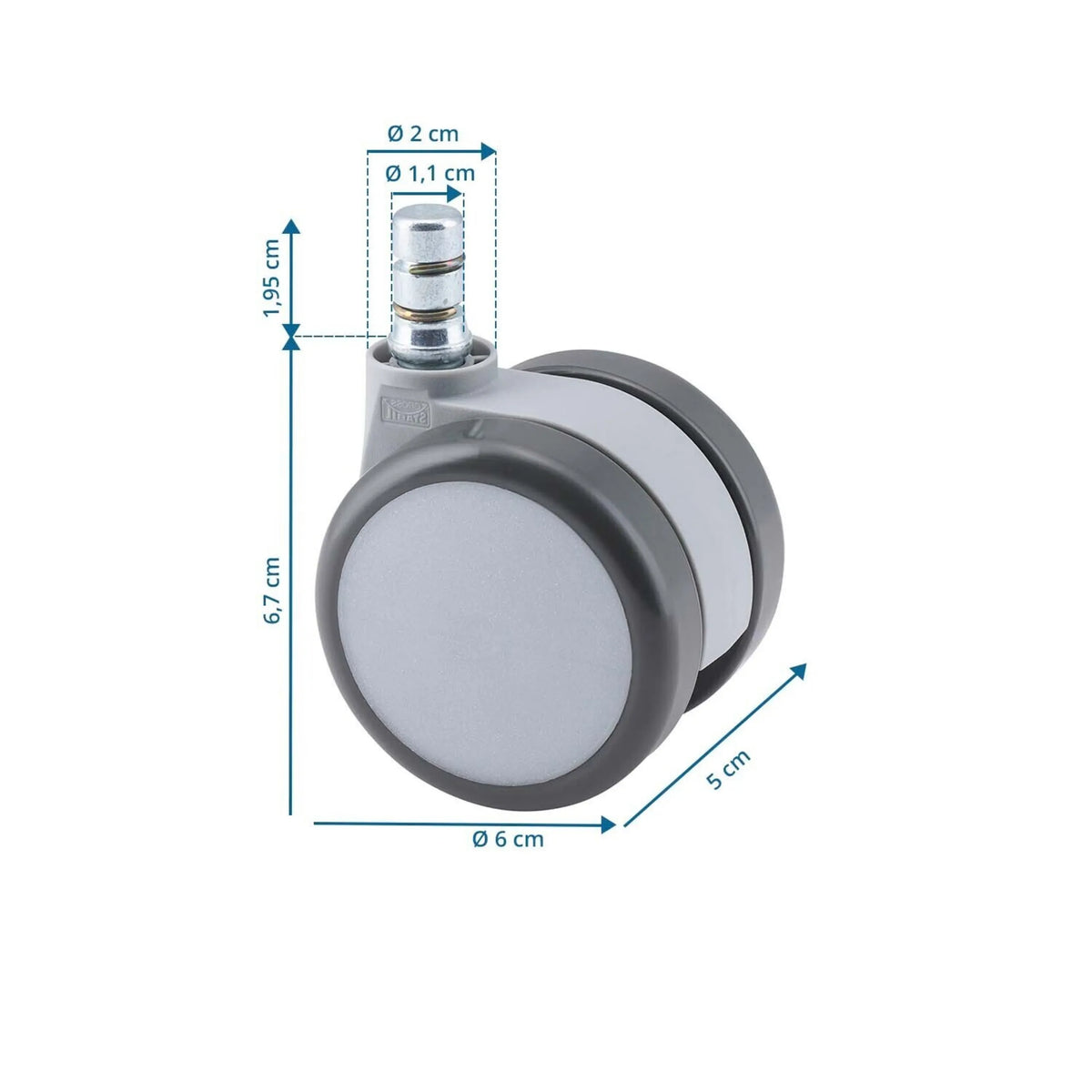 Dimensional drawing of the 5x ROLO MOVE 60 11mm/60mm Castors with a diameter of 6 cm and a height of 6.7 cm by hjh OFFICE