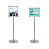 Two silver AGENDA I poster stands with round bases and frames for information posters by hjh OFFICE