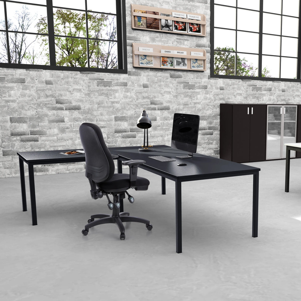 Black Professional Office Chair ZENIT PRO with armrests at an L-shaped desk by hjh OFFICE