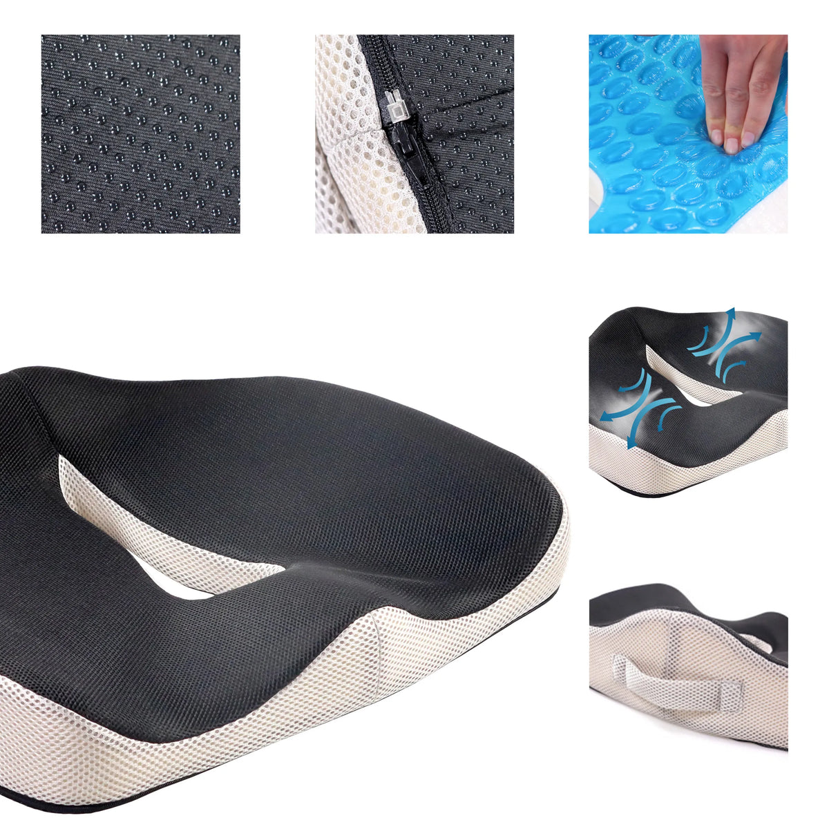 Seat Cushion MEDISIT VII in black with breathable mesh cover and integrated carrying handle by hjh OFFICE
