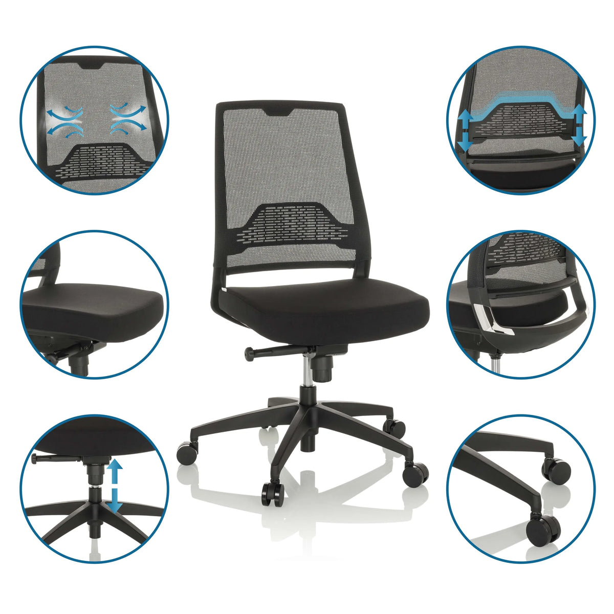 Professional Office Chair PORTO ECO I in black with mesh backrest, adjustable seat height and castors by hjh OFFICE