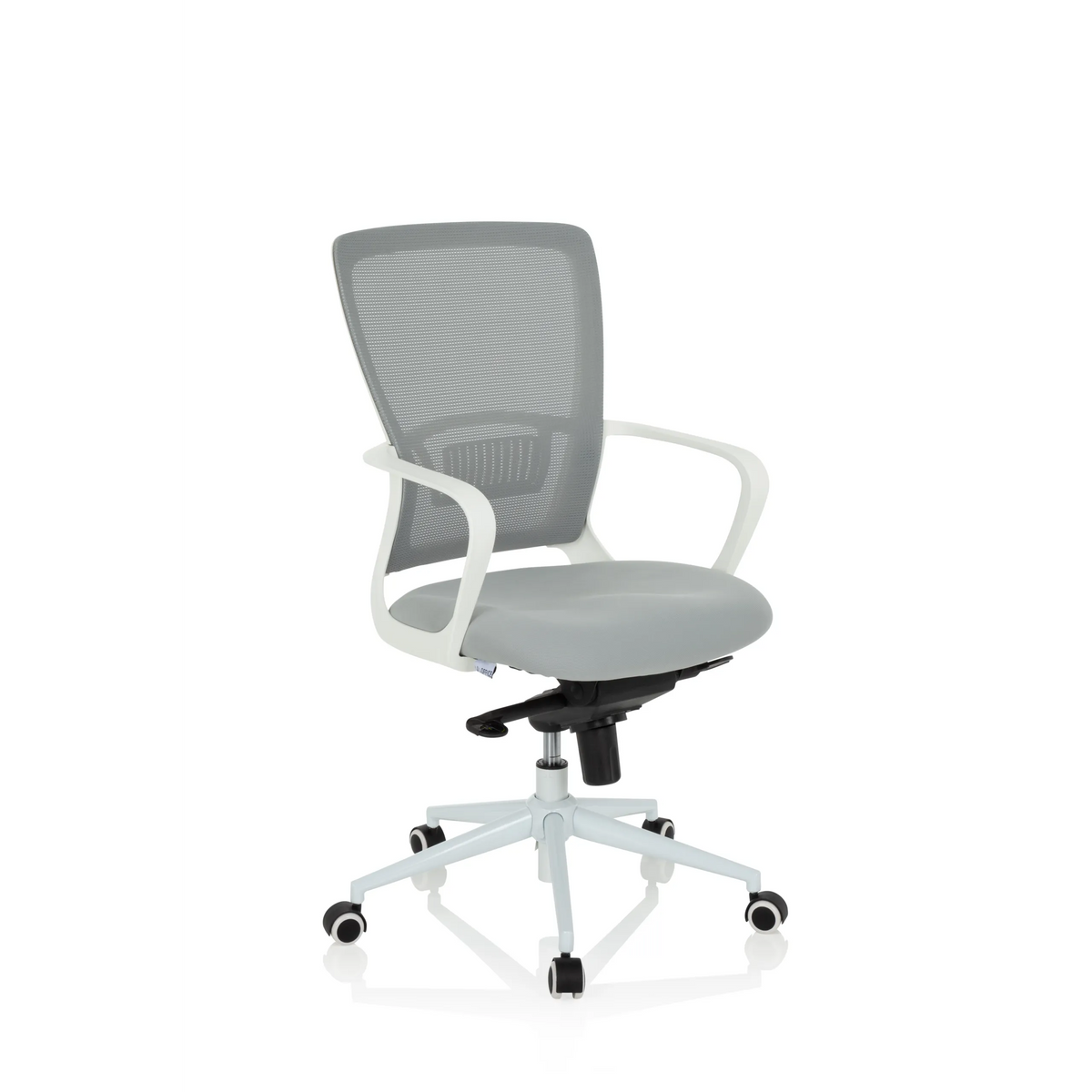 Grey Home Office Chair ESTRIA with mesh back and five-caster base by hjh OFFICE – 360-degree view (front three-quarter view 40°)