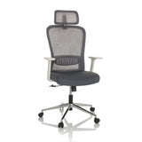 Grey Home Office Chair BELAIA W with mesh back, headrest and five-caster base by hjh OFFICE – 360-degree view (front view 15°)