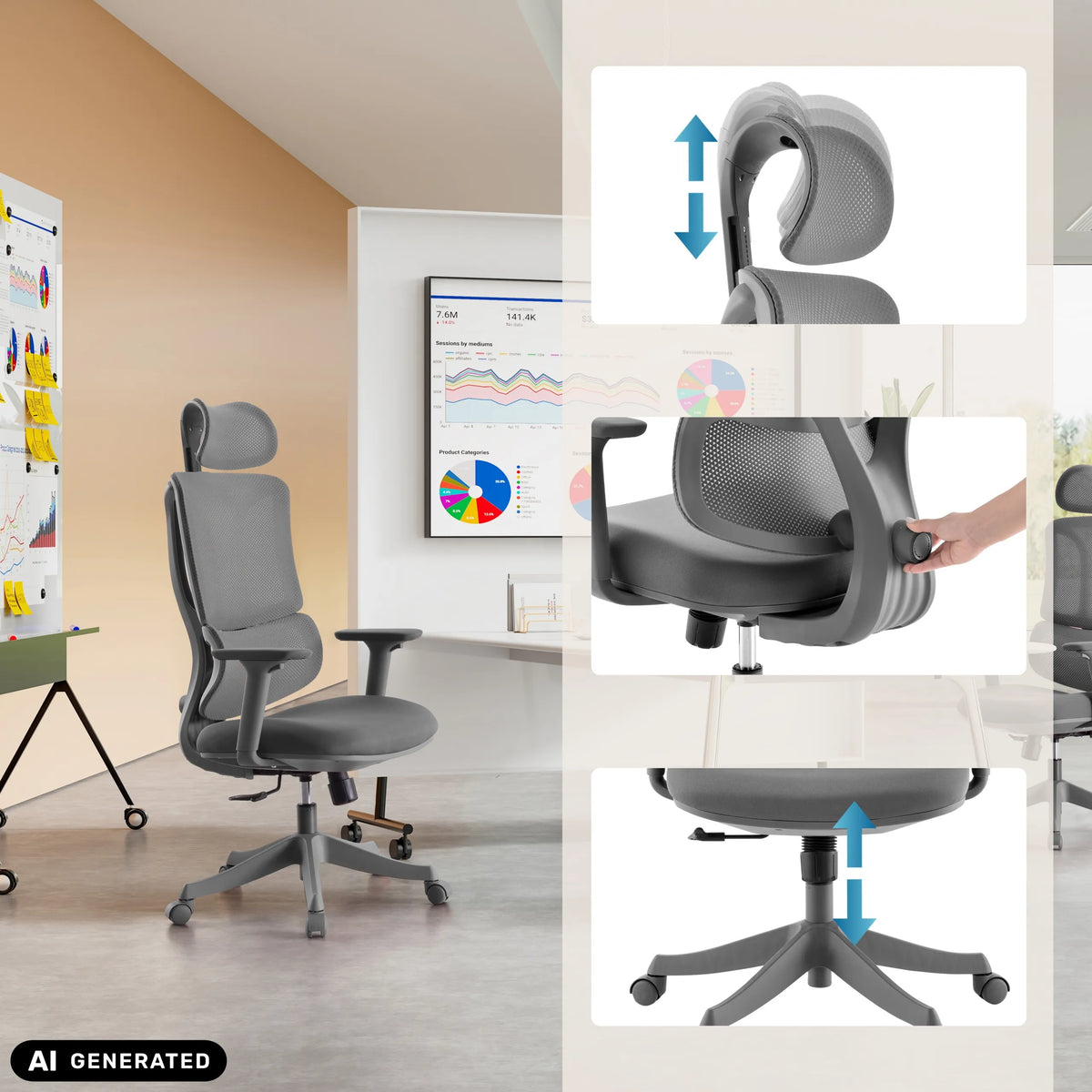 Adjustable headrest, backrest and seat height of the Ergomy Colore Home Office Chair by MyBuero (AI-generated image)