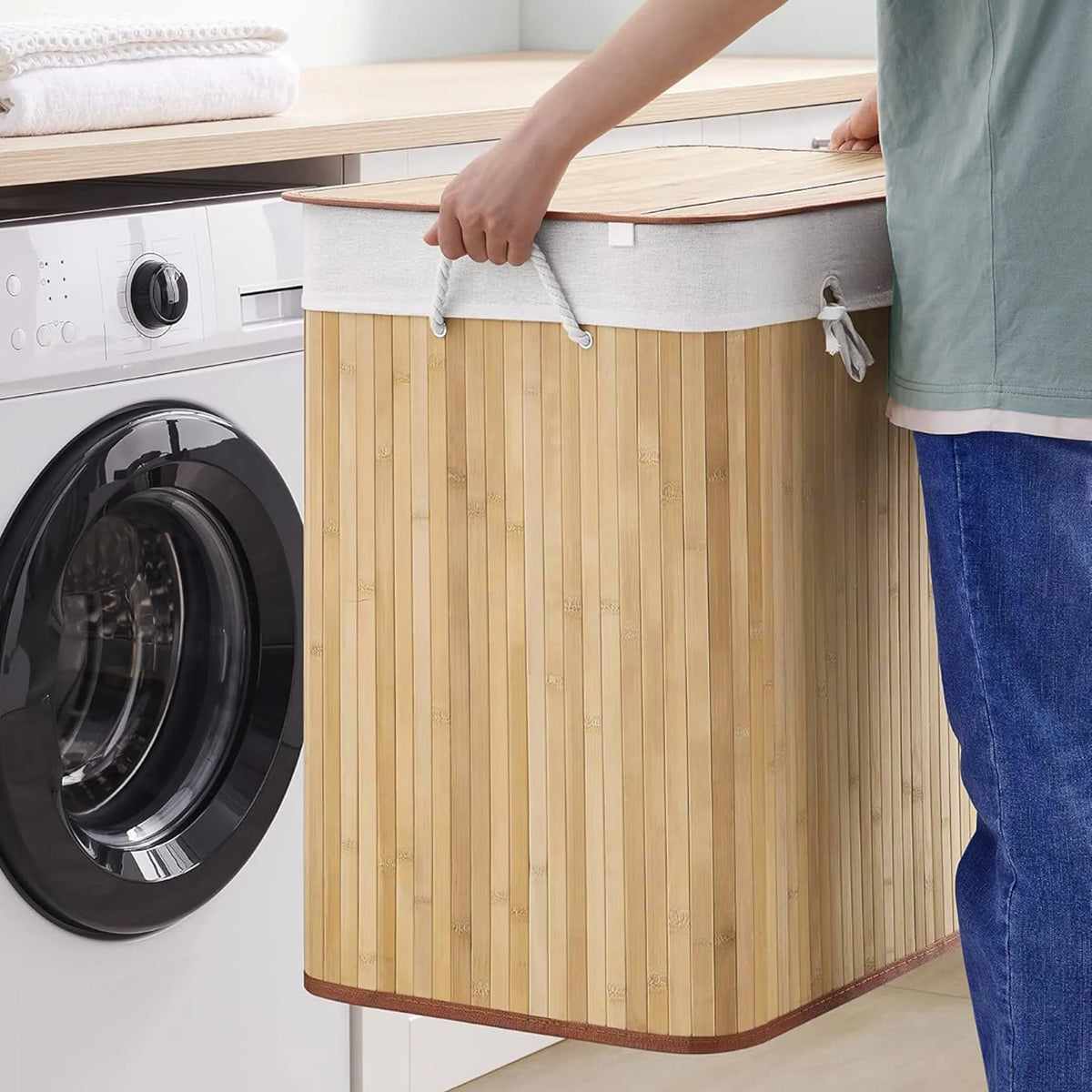 FALSTER XXL B laundry basket made of brown bamboo with white fabric liner and cord handles by hjh LIVING