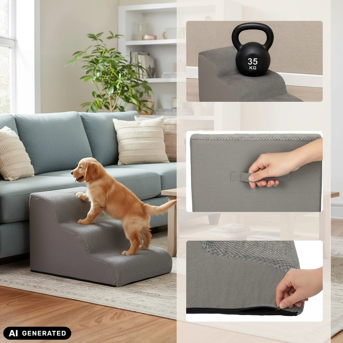 Grey PAWY STEP 3 pet stairs with carrying handle, zip and load test by hjh LIVING (AI-generated image)