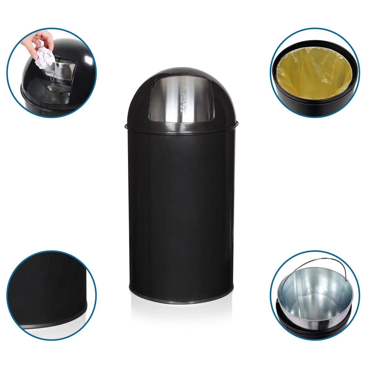 Black wastepaper PUSH 50L with detailed views of the opening, bin liner and inner bucket by hjh OFFICE