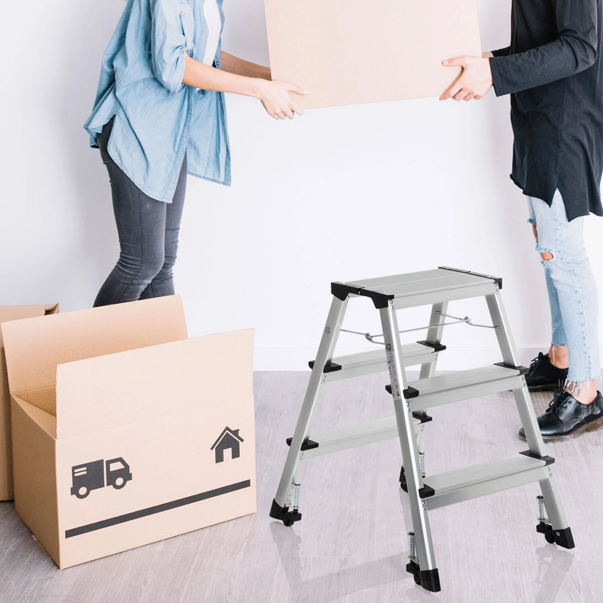 Three-step Folding Ladder SOLID IV made of aluminium with black feet by hjh OFFICE